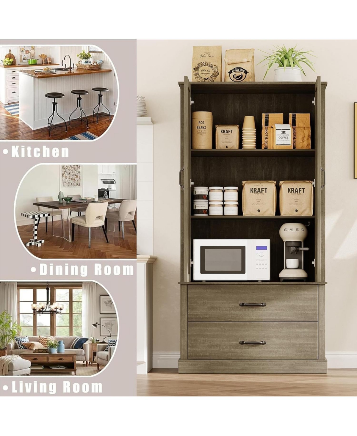 gaomon Farmhouse Kitchen Pantry Cabinet,Wood Kitchen Cabinet with Barn Door,Drawers and Adjustable Shelf,Versatile Storage for Dining Room,Living