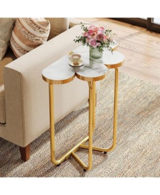 Narrow Side Table, Half-Flower Accent Side Table with Stylish Gold Frame, White and Gold End Tables, 26-Inch Tall Faux Marble Nightstand