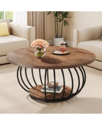 Round Coffee Table for Living Room, 39.4" Industrial Wooden 2-Tier Circle Accent Center Cocktail Table with Storage Shelf and Metal Frame