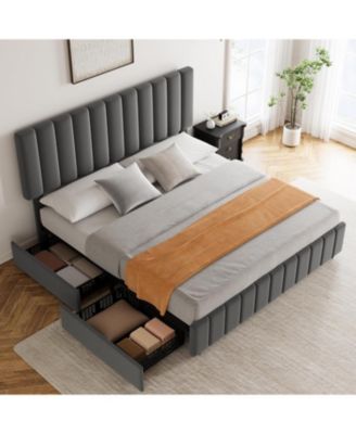 King Linen Upholstered Platform Bed Frame with 4 Storage Drawers, Adjustable Headboard, Wooden Slats Support.