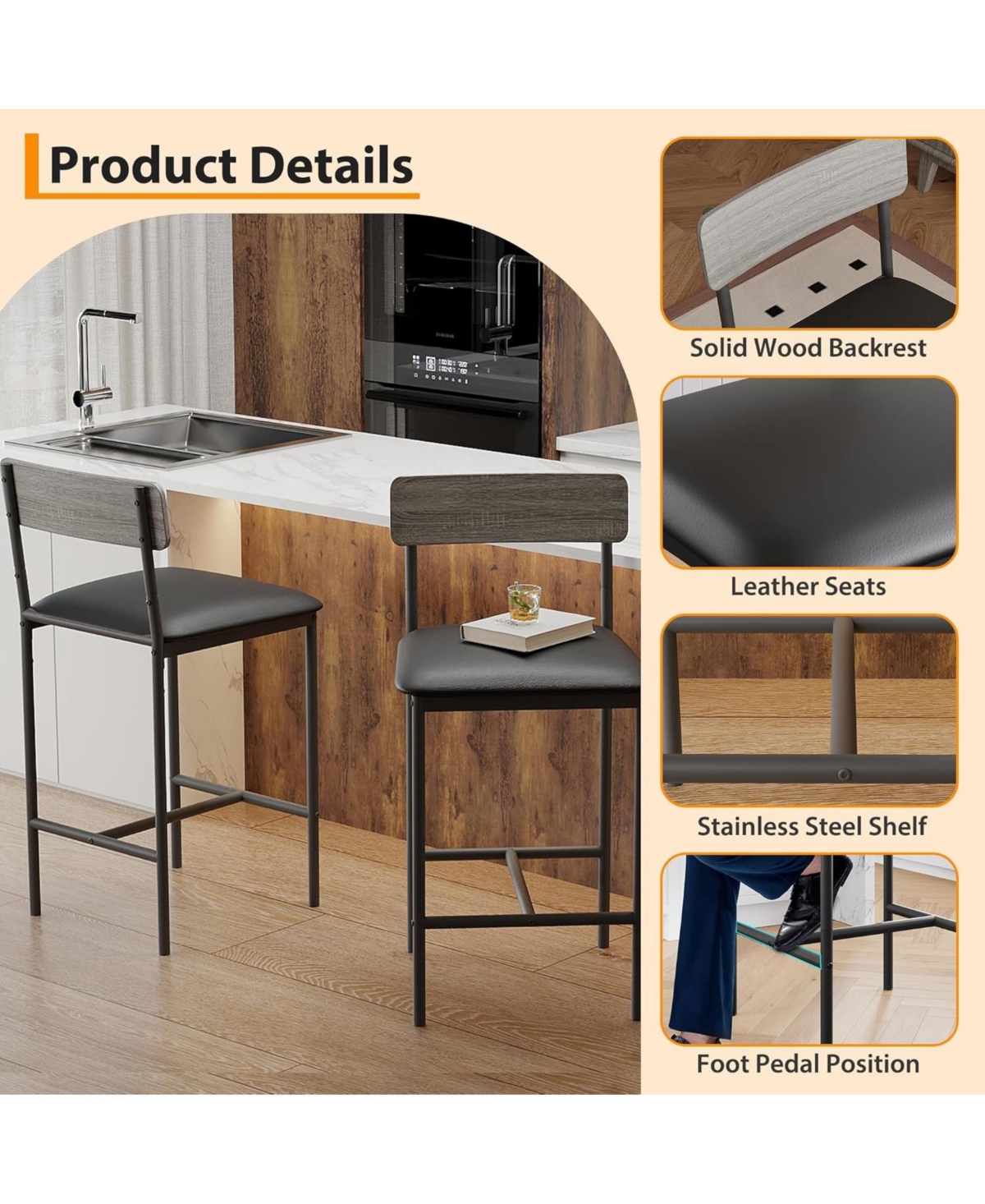 gaomon Kitchen Table Bar Stools Set of 2 Counter Height Bar Chairs for Dining Room, Home Office, Living Room