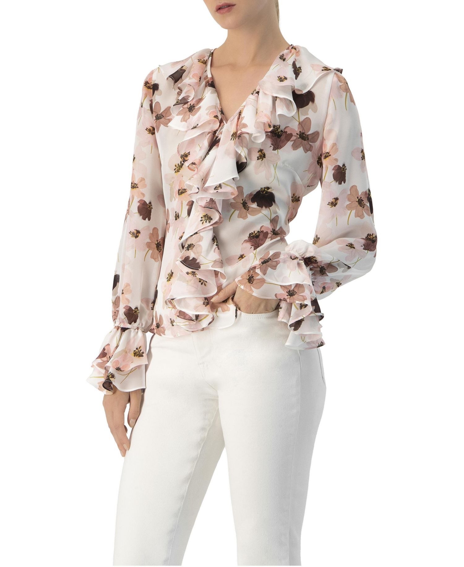 Women's Floral V-Neck Blouse with Ruffle Detail