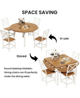 Dining Table Set for 4, Round Kitchen Table and 4 Stool Chair for Dining Room, 44.5" Drop Leaf Desk