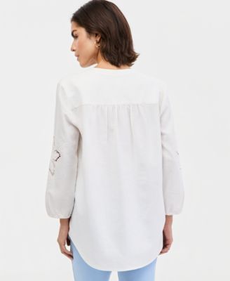 Women's V-Neck Embroidered-Sleeve Linen-Blend Top