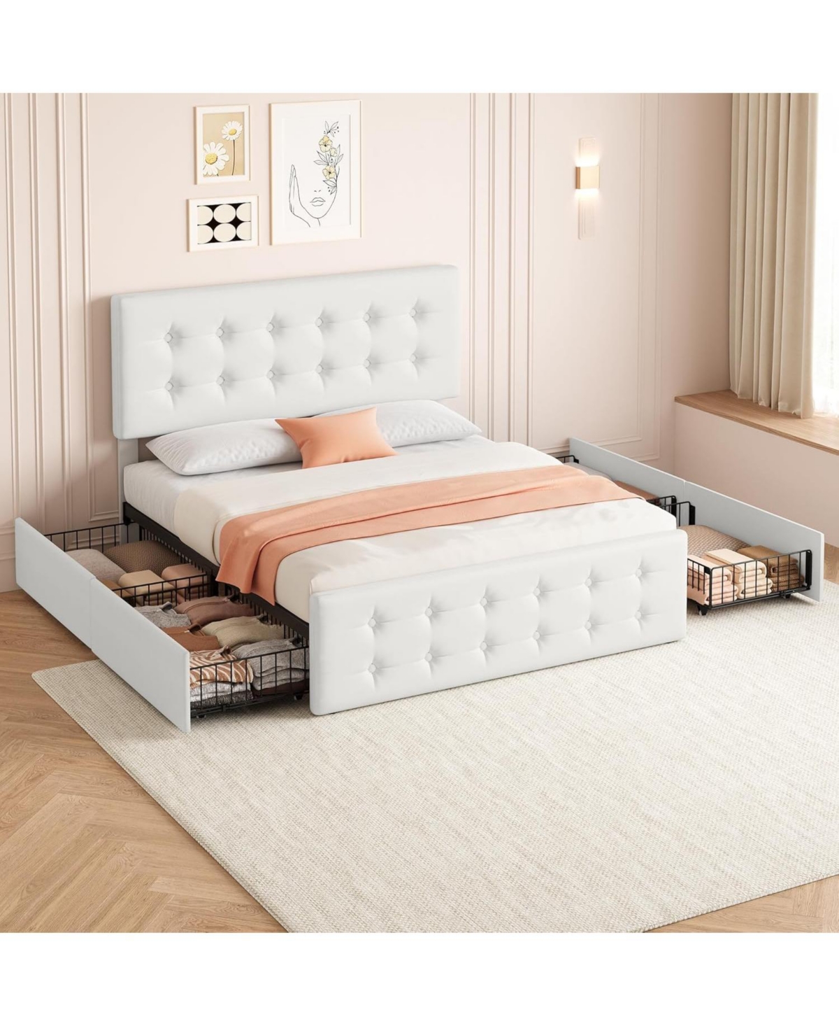 gaomon Queen Bed Frame with 4 Storage Drawers and Linen Upholstered Headboard,Button Tufted Design, No Box Spring Needed, Dark