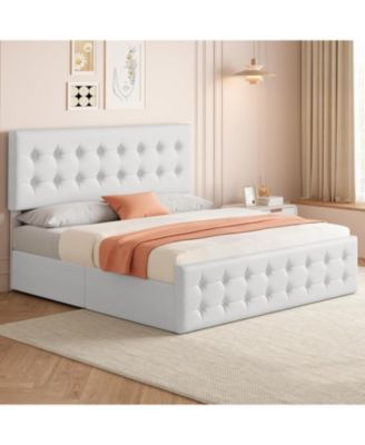 King Size Bed Frame with 4 Storage Drawers and Headboard, Linen Upholstered Platform Bed Frame with Wooden Slats Support.