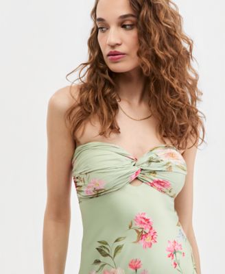 Juniors' Floral Print Strapless Gown