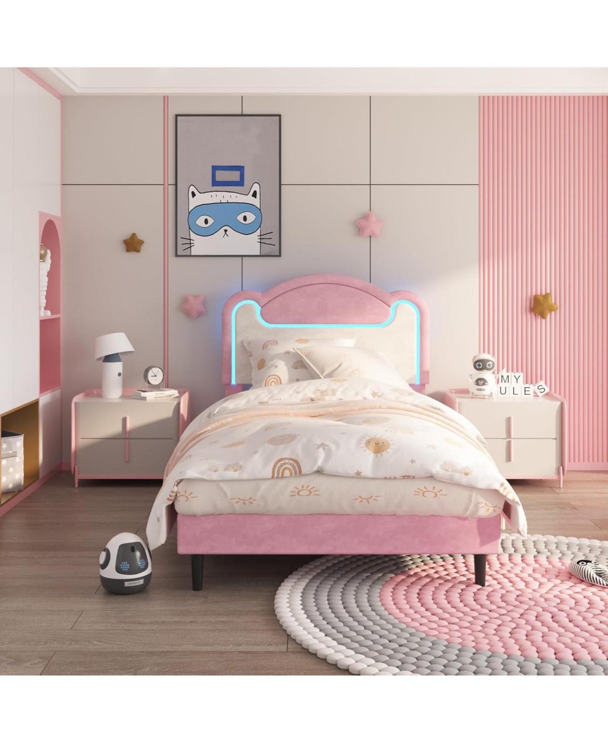 Gaomon Senfot Twin Bed Frame with Led Lights, Upholstered Fabric Headboard, Sturdy Wood Slat Support, No Box Spring Needed