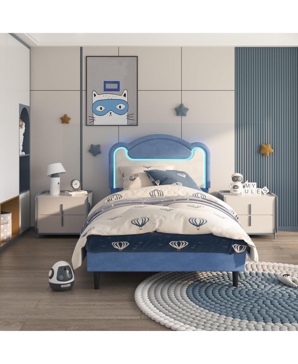 Gaomon Senfot Twin Bed Frame with Led Lights, Upholstered Fabric Headboard, Sturdy Wood Slat Support, No Box Spring Needed