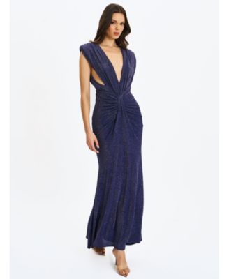 Women's Terri Navy Sparkle Plunging Backless Maxi Dress