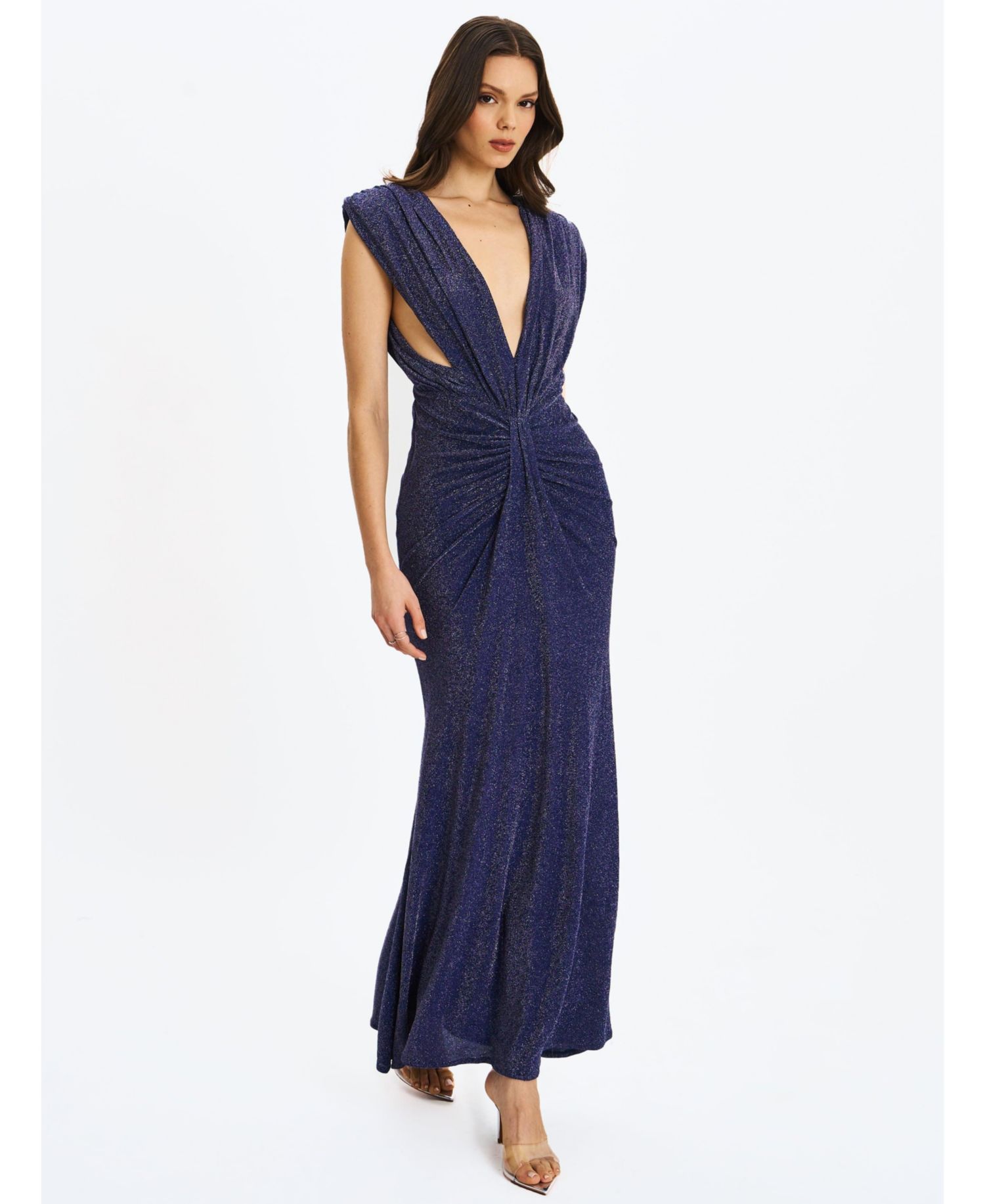 Women's Terri Navy Sparkle Plunging Backless Maxi Dress
