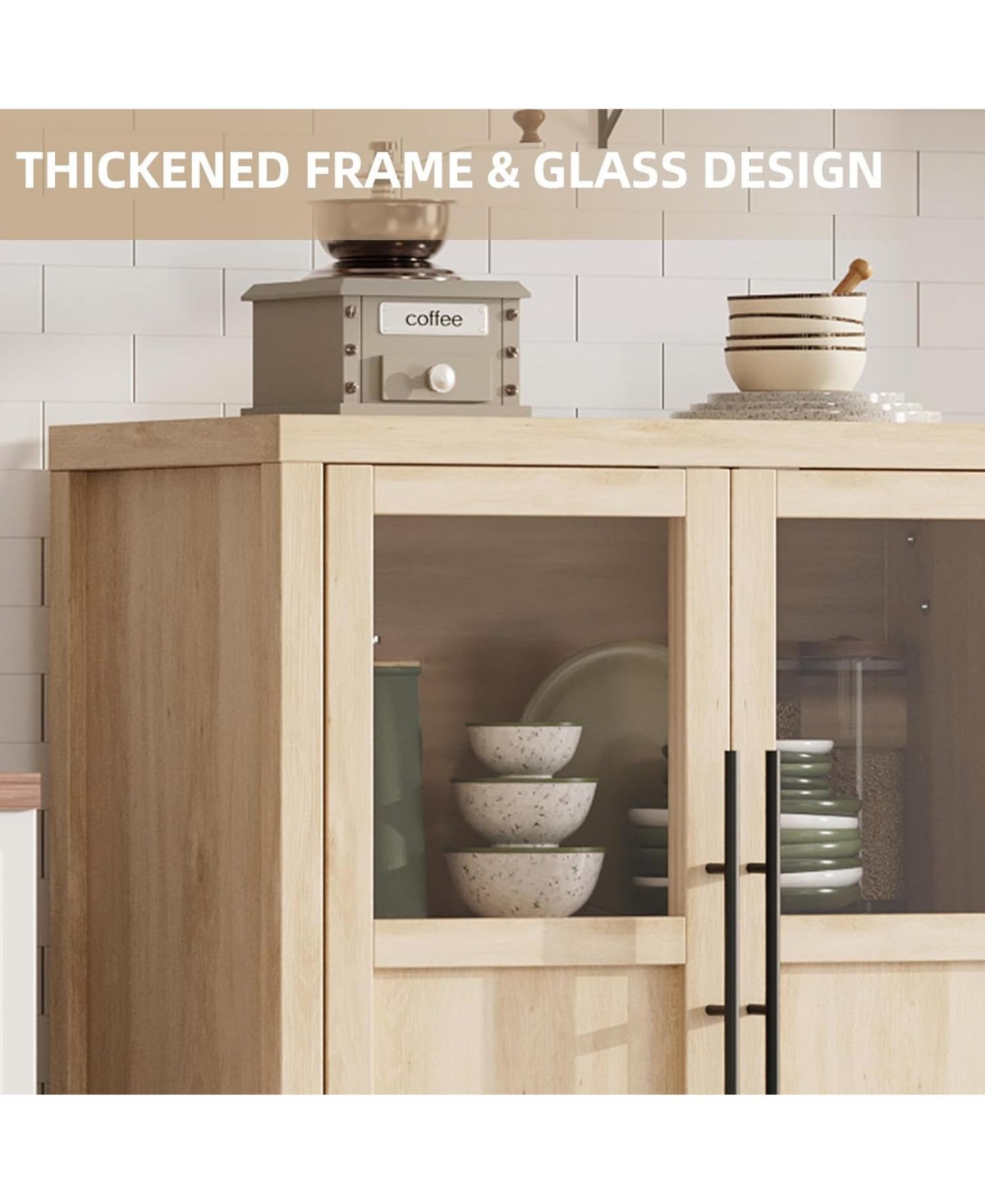 gaomon 29" Large Buffet Sideboard Cabinet with 2 Glass Doors and Shelves, Modern Farmhouse Storage Table for Kitchen Dining Room, Living