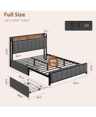 Full Bed Frame with 2 Storage Drawers, Charging Station & Storage Headboard, Heavy Duty