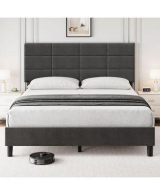 Bed Frame Upholstered Platform with Height Adjustable Headboard, Wood Frame Bed No