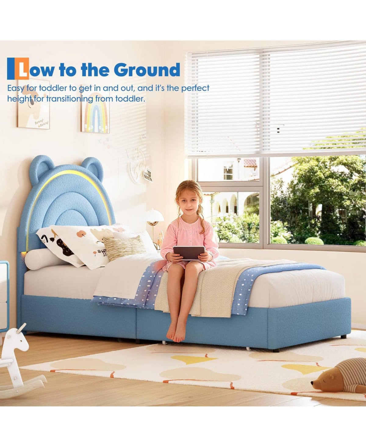 gaomon Twin Bed Frame with 4 Drawers & Led Lights, Velvet Upholstered Rainbow Headboard