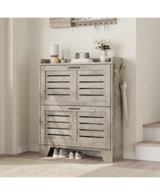 Narrow freestanding shoe cabinet with 2 flip drawers, hidden slim storage, and hooks, ideal for entryway or foyer.