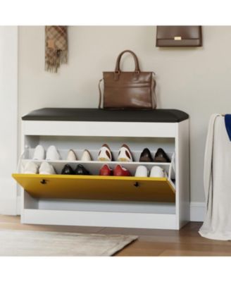 Shoe Storage Bench, 31.5 in Shoe Organizer Bench with Flip Drawer & PU Cushion, Modern Entryway Shoe Cabinet for Hallway