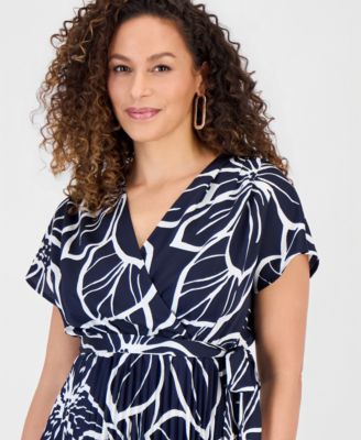 Women's Printed Surplice-Neck Pleat-Skirt Dress