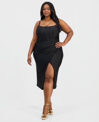 B Darlin Trendy Plus Size Asymmetric Corset Midi Dress - Black