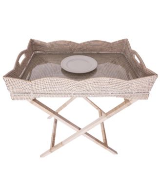 Artifacts Rattan Scallop Design Butler Tray with Wooden Legs & Glass Insert