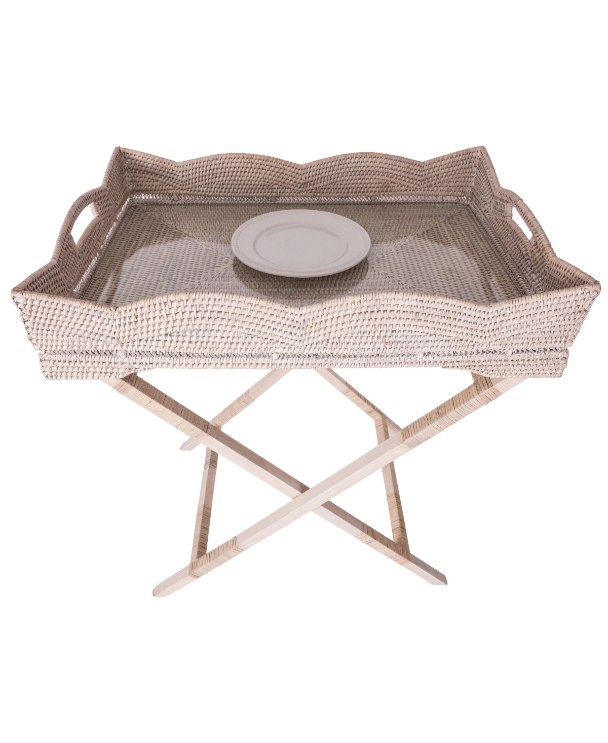Artifacts Rattan Scallop Design Butler Tray with Wooden Legs & Glass Insert