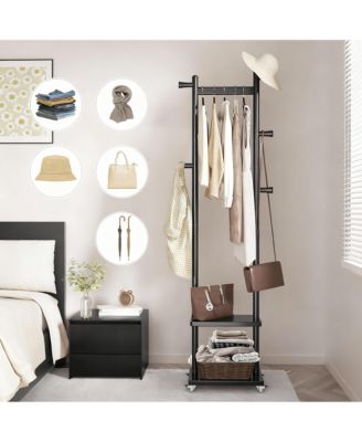 Solid Wood Freestanding Coat Rack with Wheels, 2 Shelves, 5 Hooks for Entryway,Silent Wheels for Easy Mobility