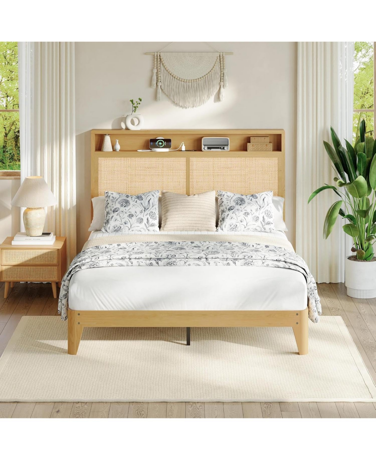 gaomon Rattan Bed Frame with Led Lights, Boho Wood Bed Frame with Storage Headboard & Charging Station, Silent Slats