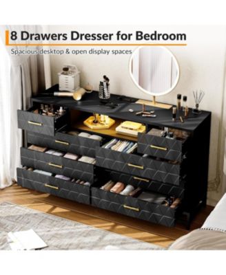 8 Drawer Dresser for Bedroom, Pink Dresser with Led Light, 55 in Tv Stand Dressers with Power Outlet, Large Dressers Bedroom with Deep Drawers,