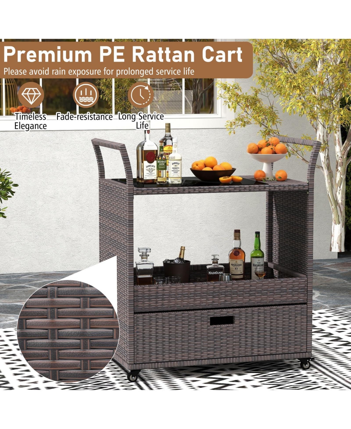Volenca Outdoor Wicker Bar Cart Table with Tempered Glass Top, Patio Serving Cart