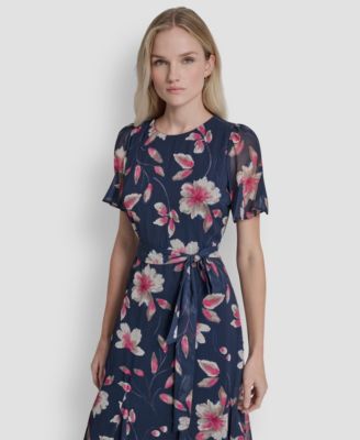 Women's Short Godet-Sleeve Jewel Neck Midi Dress