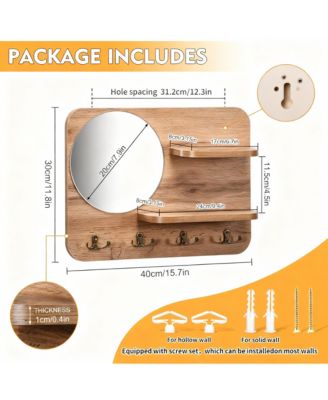 Oak Wood Key Rack with Mirror, Hooks, and Shelves for Home Decor