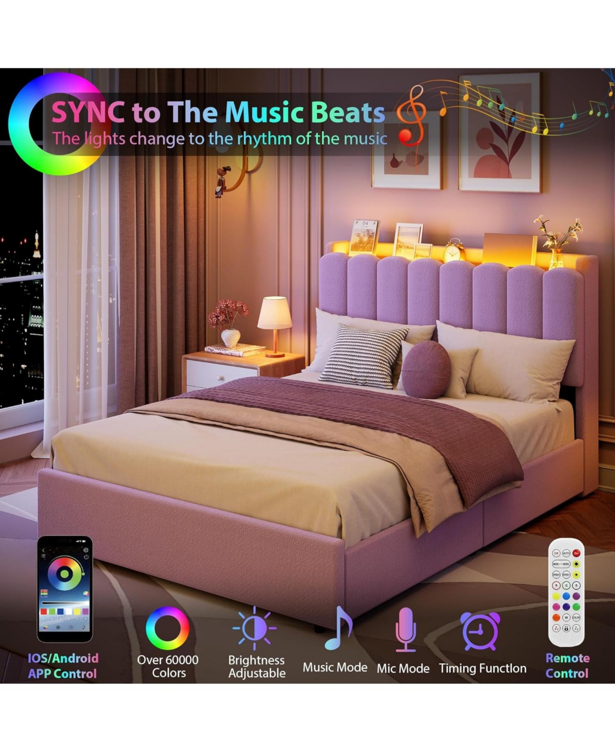 Gaomon Full Size Boucle Upholstered Platform Bed with Wavy Headboard, Storage Bookcase, 2 Drawers