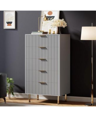5 Drawer Dresser for Bedroom, Fluted Tall Dresser with Large Drawers and Sturdy Gold Legs Support, Dressers & Chests of Drawers for Bedroom