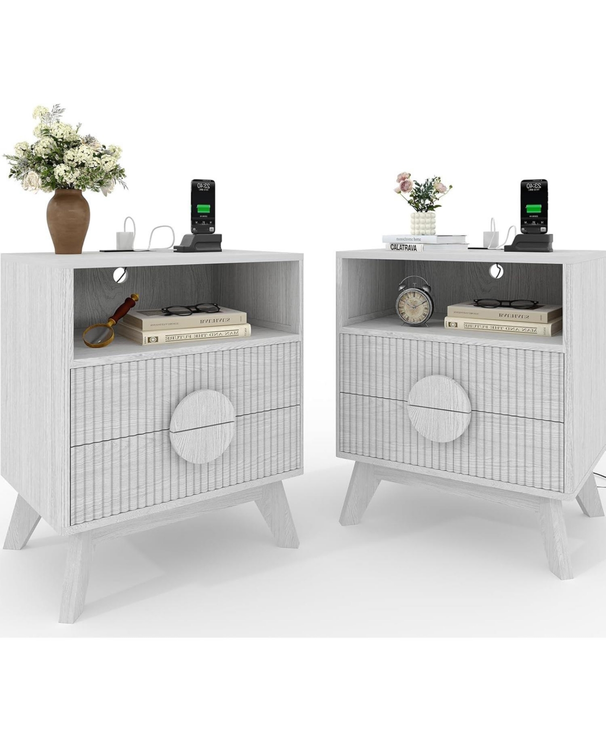 gaomon Modern Wood Nightstand with Charging Station, Fluted Bedside Table with Drawers and Shelf for Bedroom, Living Room