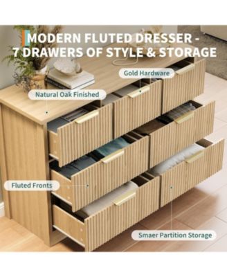 Fluted Dresser for Bedroom with 7 Drawers, Modern Dressers Dresser w/Metal Handle, Furniture TV Stand, Wide Closet Clothes Storage Organizer