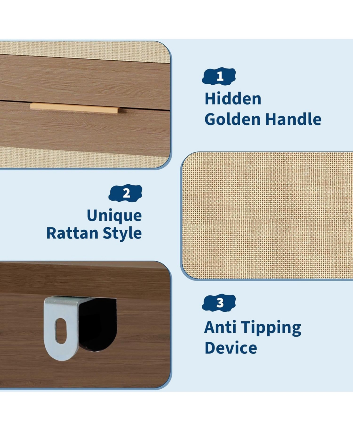 gaomon Rattan 5 Drawers Dresser for Bedroom, Chest of 46 Tall Closet, Boho Night Stand Large Clothes Storage Cabinet - Oak