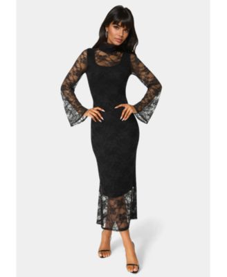 Women's Lace Turtleneck Illusion Maxi Dress