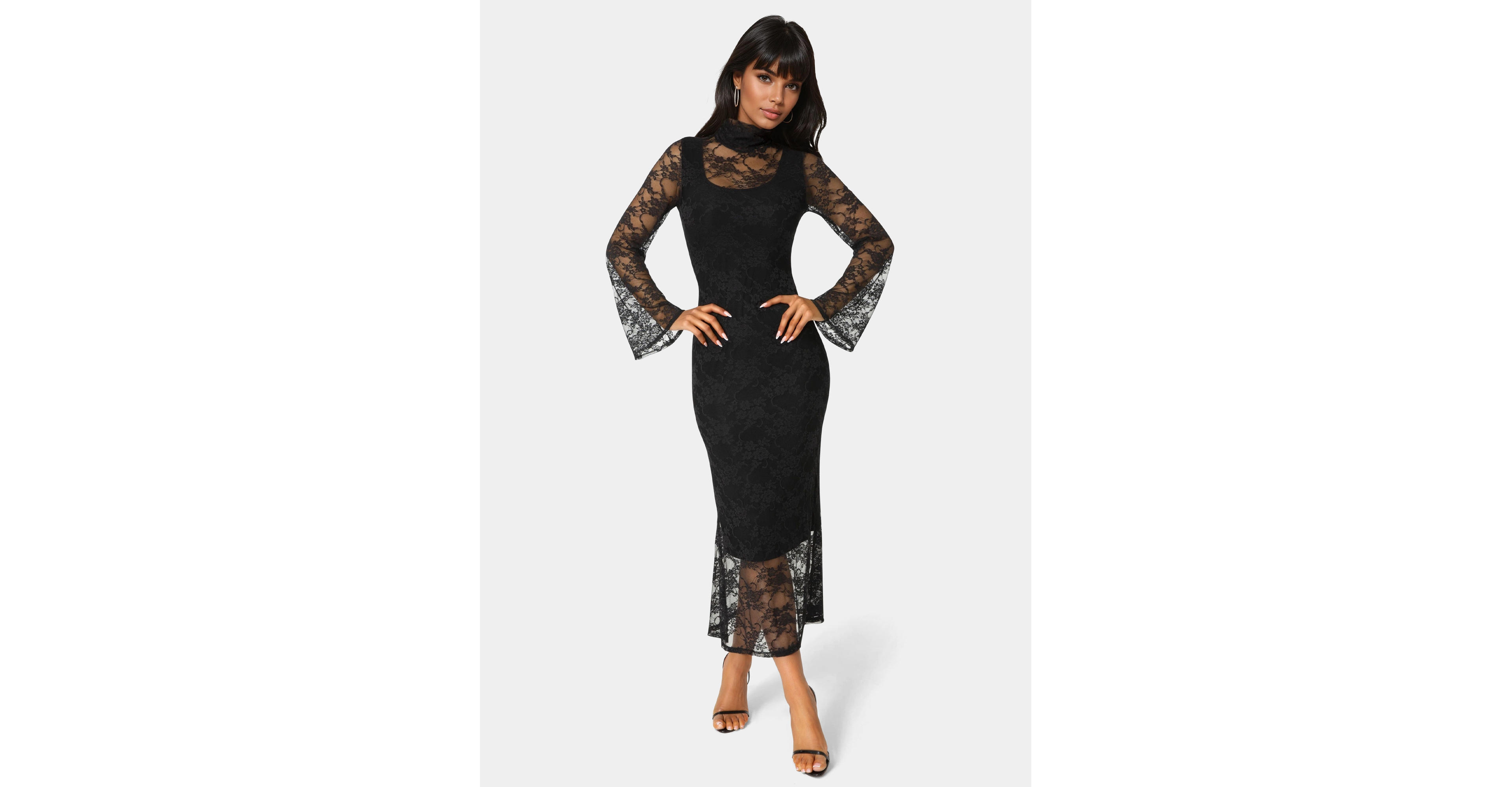 Bebe Women's Lace Turtleneck Illusion Maxi Dress