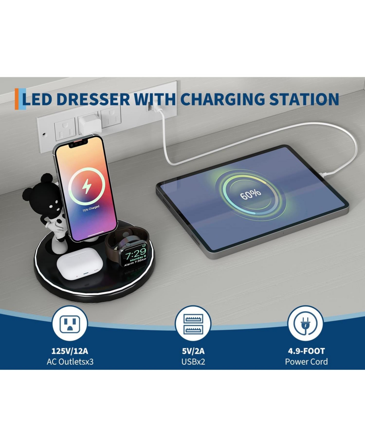 Gaomon 9 Drawer Wooden Dressers for Bedroom with Led Lights & Charging Station, Wood Chest of Drawers with App Control