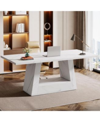 63-Inch Large Computer Desk, Modern Office Desk Workstation, Simple Style Executive Desk Study Table, Wooden Faux Marble Writing Desk