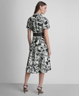 Women's Short-Sleeve Collared Neck Belt Midi Shirtdress