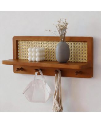 4 Wood Key Hooks Pine Board PE Rattan Grid Coat Rack Decor