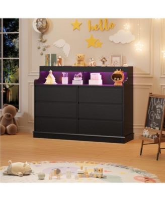 6 Drawer Dresser for Bedroom with LED Lights & Charging Station, 51.2" Wide Dresser with Open Shelf