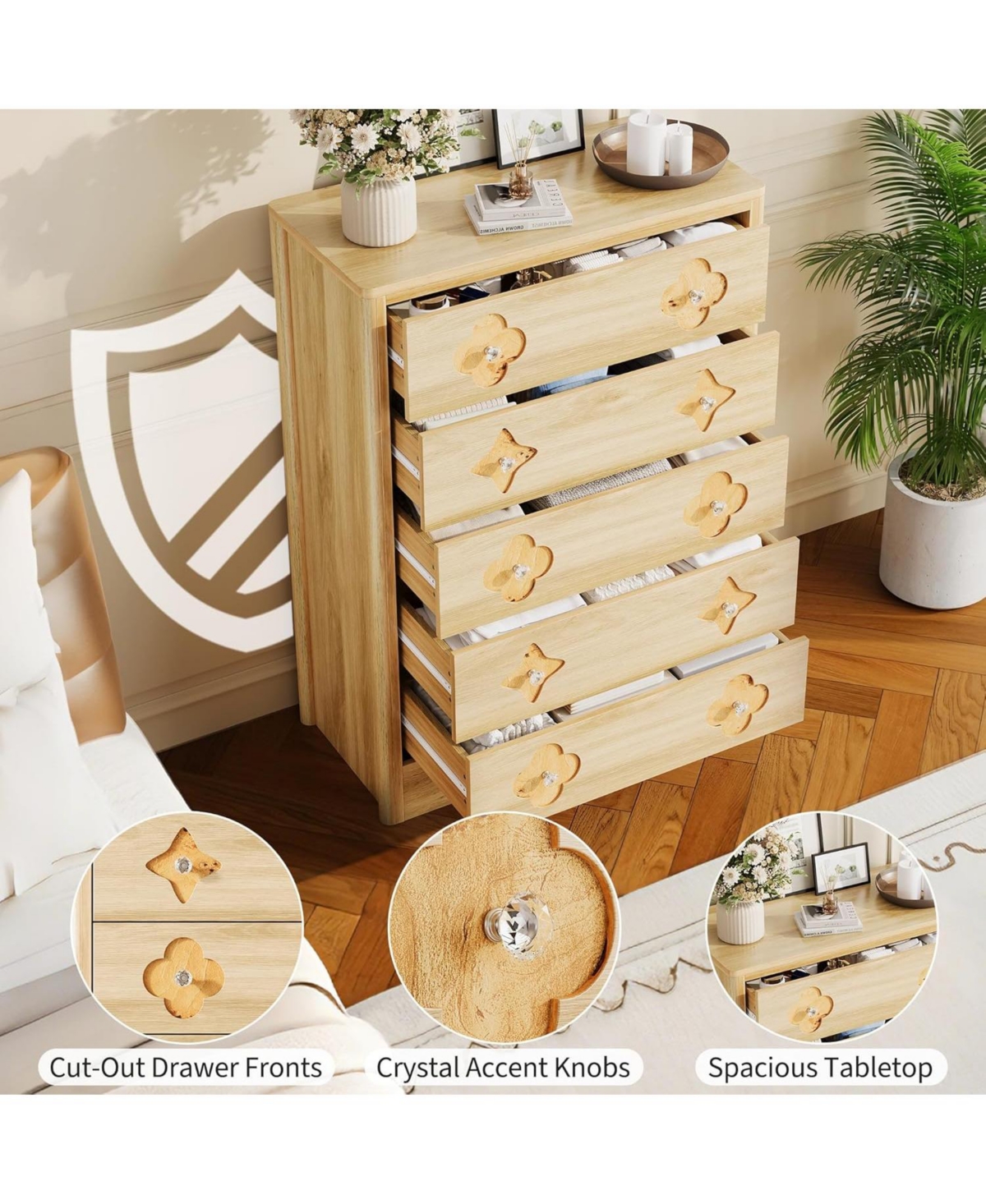 gaomon 5 Drawer Tall Dresser for Bedroom, 45'' Boho Chest of Drawers, Wooden Chest with Clothes Storage Cabinet, Decorative Drawer Front Organizer