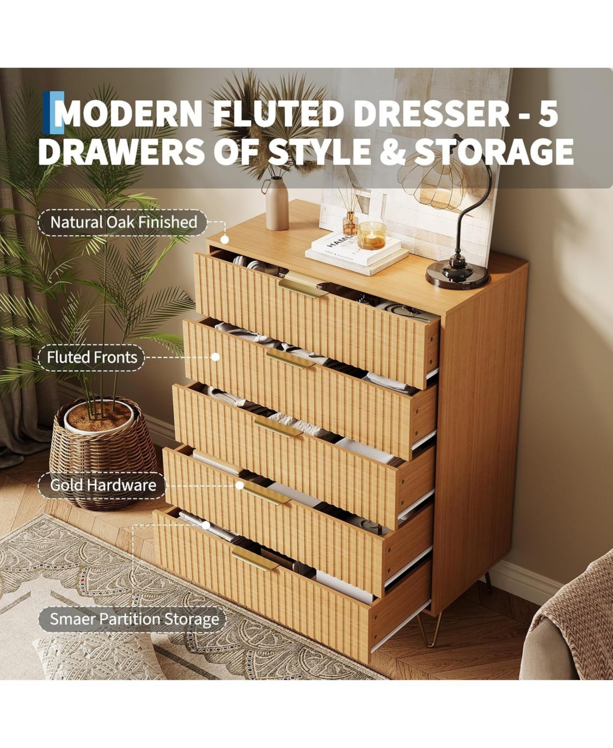 gaomon Fluted Dresser for Bedroom with 5 Drawers,32" Wide Modern Chest of Wooden Bedroom Chest