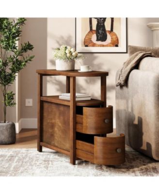 Solid Wood End Table with 2 Drawers & Open Shelf Set of 2, No Assembly Required Side Table, Vintage Brown Slim Bedside Table Nightstand