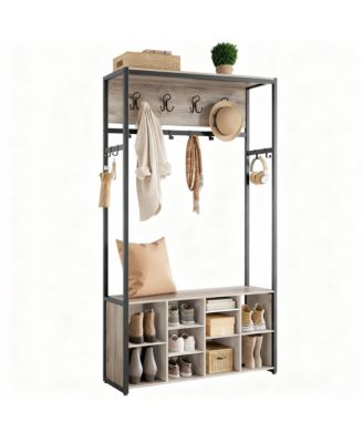 4-in-1 Hall Tree with Bench, Adjustable Shoe Shelves, 14 Hooks, Industrial Style