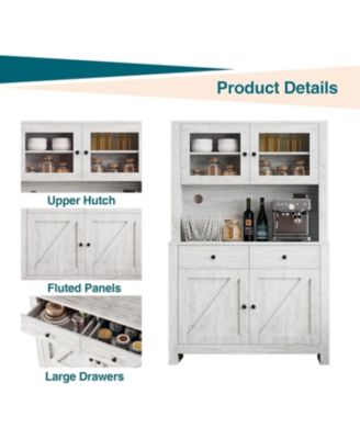 Kitchen Pantry Cabinet with Microwave Shelf,Freestanding Storage Cabinet with Glass Door, Adjustable Shelves and Drawer