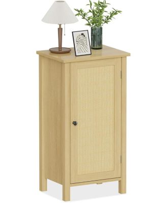 Modern Farmhouse Nightstand with Rattan Door & Drawer  Compact 16" Black Accent Bedside Table Featuring Boho Wood Design.