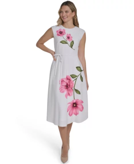 Petite Extended Cap Belted Jewel Neck Midi Dress - White